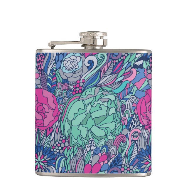 Colourful Floral Doodle Pattern Hip Flask (Front)