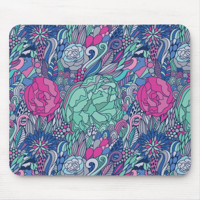 Colourful Floral Doodle Pattern Mouse Mat (Front)