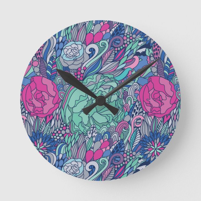 Colourful Floral Doodle Pattern Round Clock (Front)