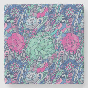 Colourful Floral Doodle Pattern Stone Coaster