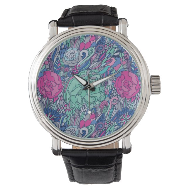 Colourful Floral Doodle Pattern Watch (Front)