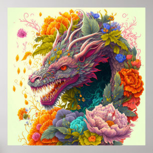 Colourful Floral Dragon Poster