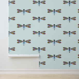 Colourful Floral Dragonflies Design Wallpaper