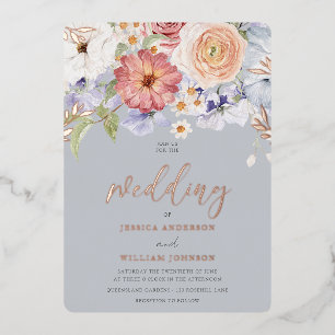 Colourful Floral Dusty Blue Wedding Rose Gold
