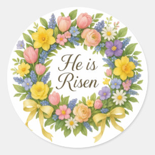Colourful Floral Easter He is Risen wreath Classic Round Sticker