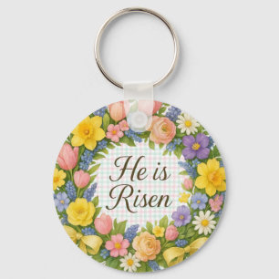 Colourful Floral Easter He is Risen wreath Key Ring
