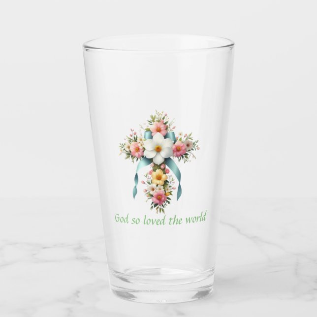 Colourful Floral Easter/Spring Cross Glass (Front)