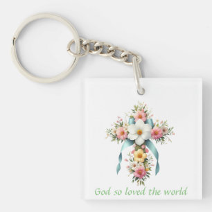 Colourful Floral Easter/Spring Cross Key Ring