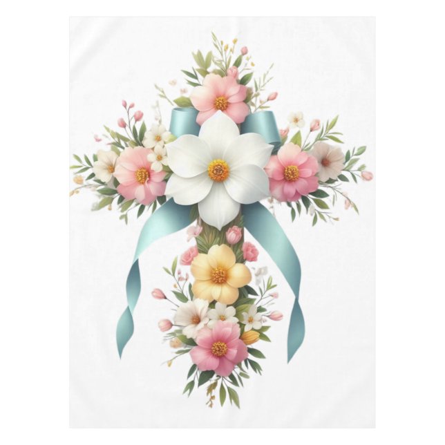 Colourful Floral Easter/Spring Cross Tablecloth (Front)