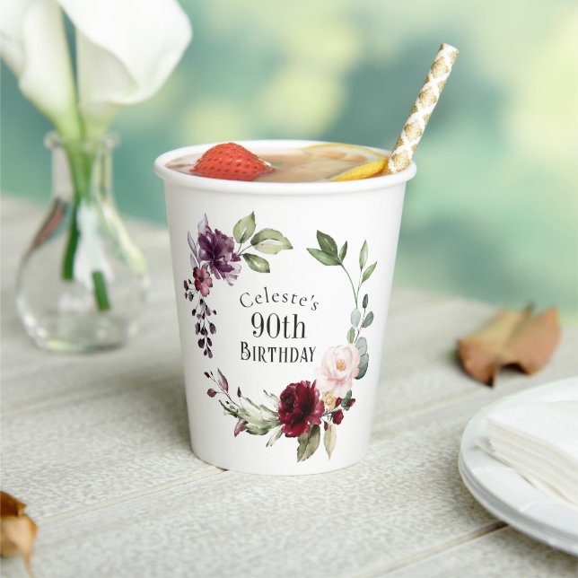 Colourful Floral Elegant 90th Birthday Paper Cups (Insitu)