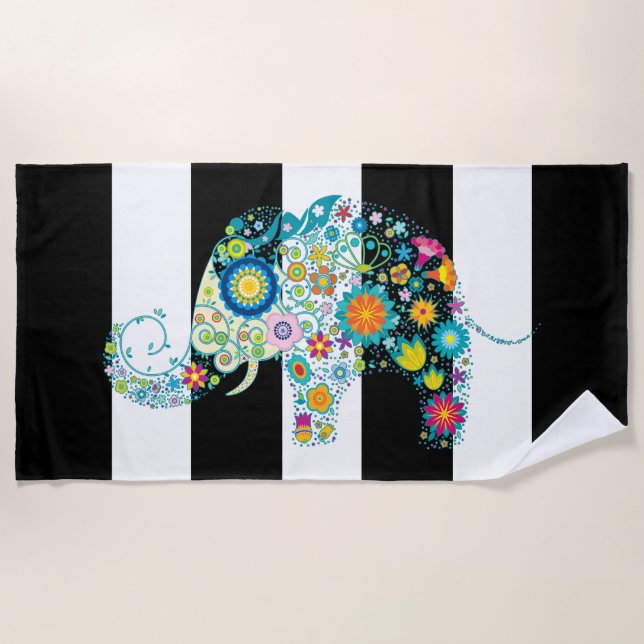 Colourful Floral Elephant & Black & White Stripes Beach Towel (Front)