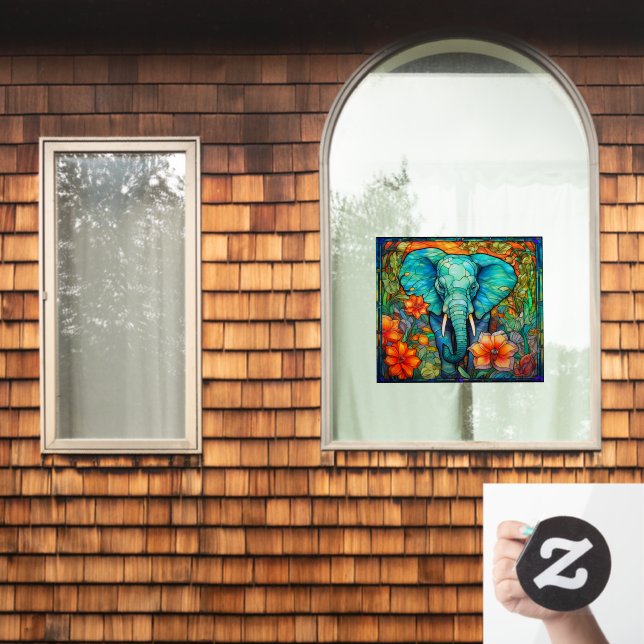 Colourful Floral Elephant Faux Stained Glass  Window Cling (Home Window)