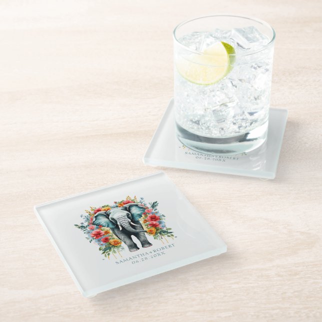 Colourful Floral Elephant Glass Coaster (Angled)