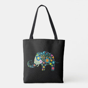 Colourful floral elephant on black tote bag