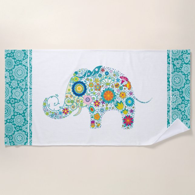 Colourful Floral Elephant On White & Turquoise Beach Towel (Front)