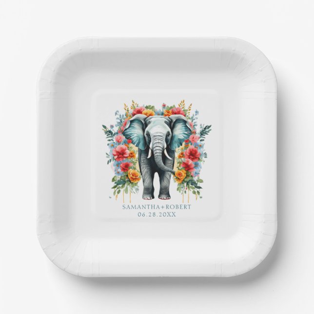 Colourful Floral Elephant Paper Plate (Front)