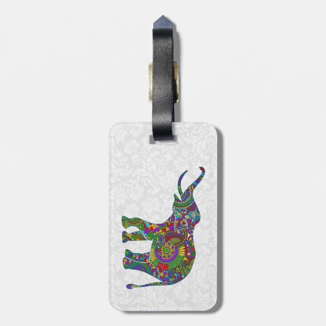 Colourful Floral Elephant White Damasks Luggage Tag (Back Vertical)
