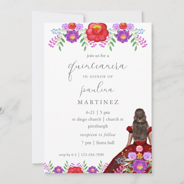 Colourful Floral Fiesta Quinceañera Princess Invitation (Front)