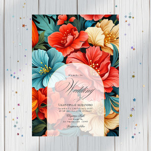 Colourful Floral Fiesta Wedding Photo and QR Code Invitation