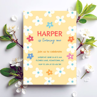 Colourful Floral First Birthday Invitation
