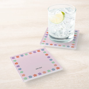 Colourful Floral Flower gradient Personalised Text Glass Coaster