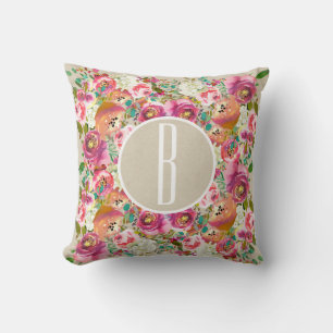 Colourful Floral Flowers Rustic Kraft Monogram Cushion