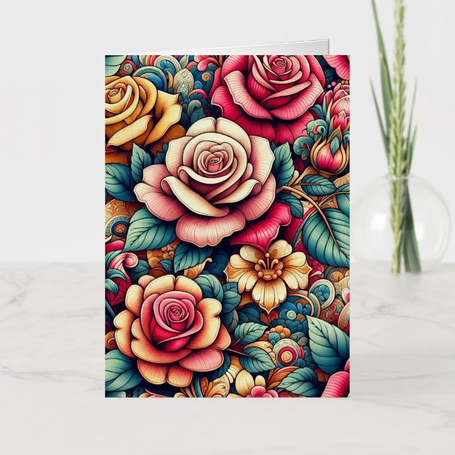 Colourful floral flowers shopping tote bag foil greeting card (Front)