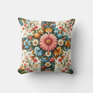 Colourful Floral Folk Art Pillow - Boho Flower Cus