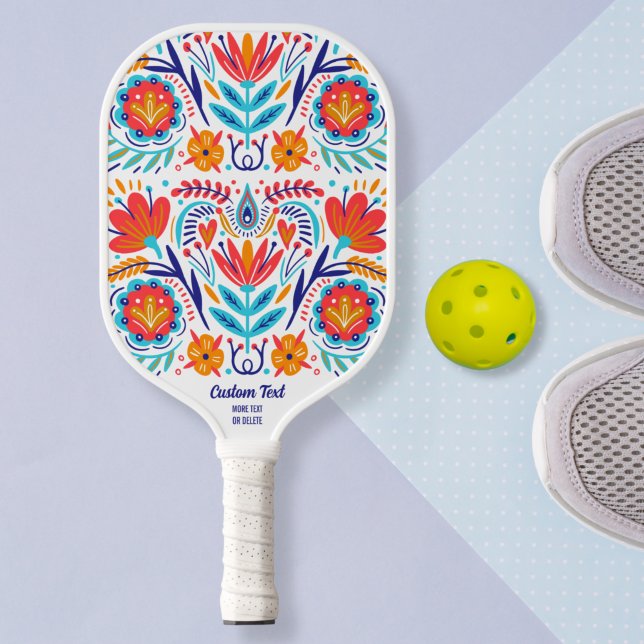 Colourful Floral Folk Pattern Custom Text Name Pickleball Paddle (Creator Uploaded)