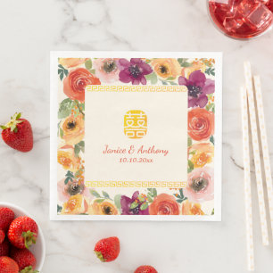 Colourful floral frame beige Chinese wedding Napkin