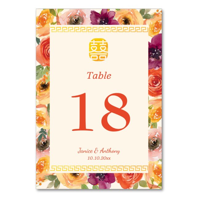 Colourful floral frame beige Chinese wedding Table Number (Front)