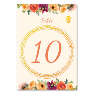 Colourful floral frame beige Chinese wedding Table Number