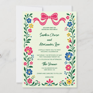 Colourful Floral Frame Bow Wedding Invitation