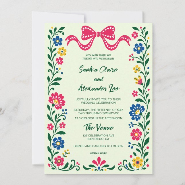 Colourful Floral Frame Bow Wedding Invitation (Front)