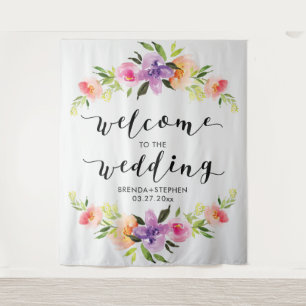 Colourful Floral Frame & Modern Wedding Typography Tapestry