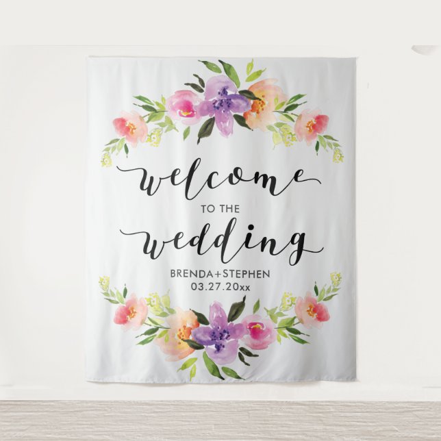 Colourful Floral Frame & Modern Wedding Typography Tapestry (Front)