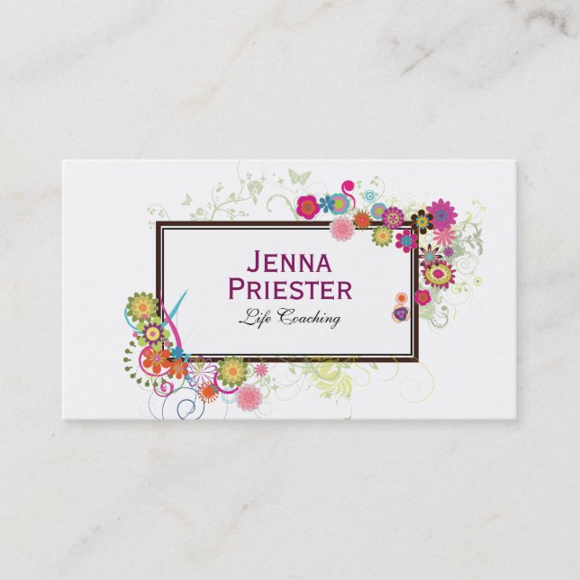 Colourful Floral Frame On whit Black Accents Business Card (Front)