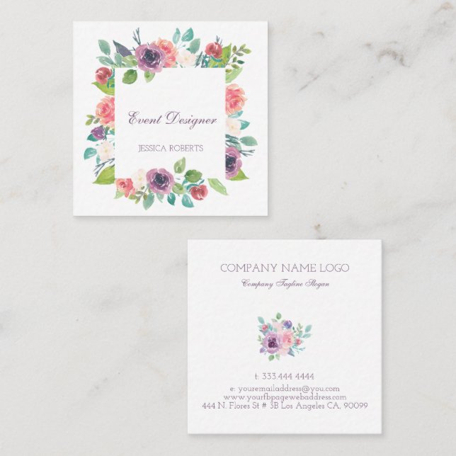 Colourful floral frame square business card (Front/Back)