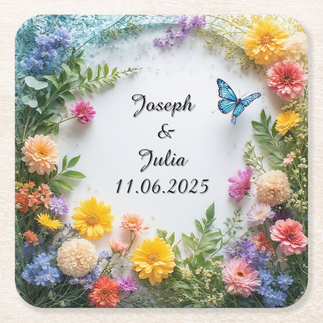 Colourful Floral Frame with Blue Butterfly Square Paper Coaster (Front)