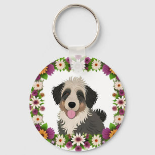 Colourful Floral Frame with Cute Dog Illustration Key Ring