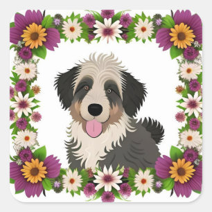 Colourful Floral Frame with Cute Dog Illustration Square Sticker