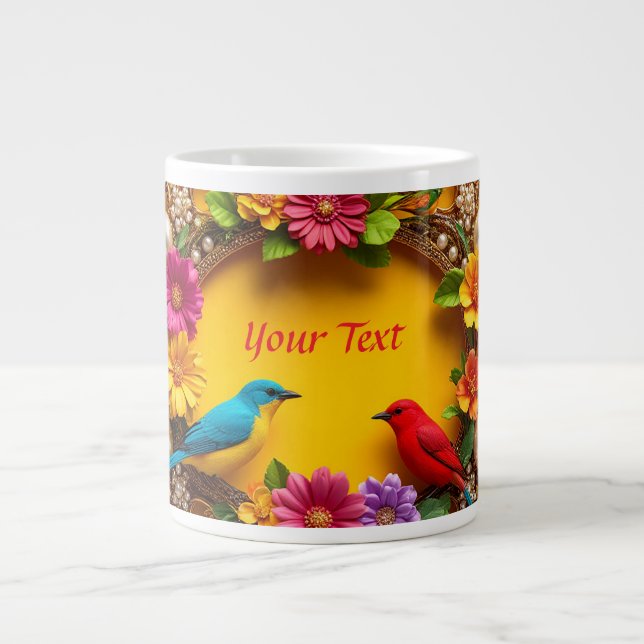 Colourful Floral Frame with Vibrant Birds Large Coffee Mug (Front)
