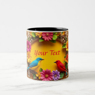 Colourful Floral Frame with Vibrant Birds Two-Tone Coffee Mug