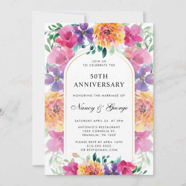Colourful Floral Garden 50th Wedding Anniversary Invitation (Front)