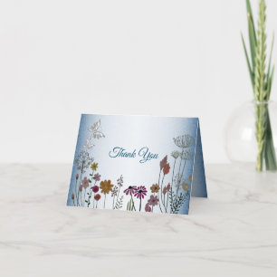 Colourful Floral Garden Blue Shiny Glitter Wedding Thank You Card