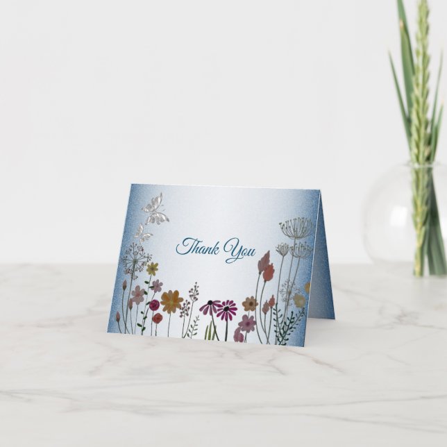 Colourful Floral Garden Blue Shiny Glitter Wedding Thank You Card (Front)