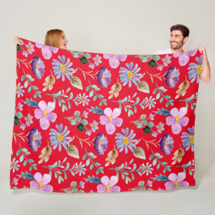Colourful floral garden red and purple watercolor fleece blanket
