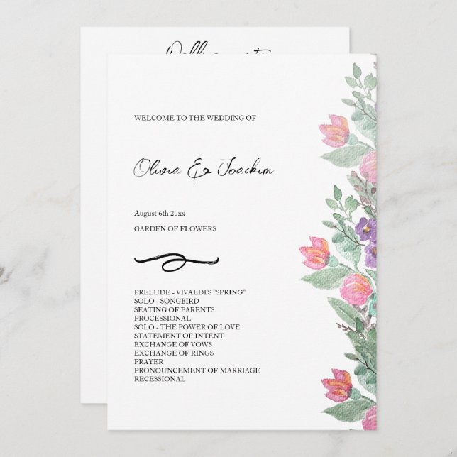 Colourful Floral Garden Watercolor Hand-painted Programme (Front/Back)