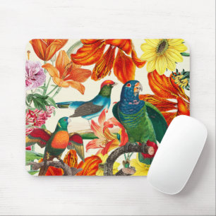 Colourful floral garden with beautiful birds mouse mat