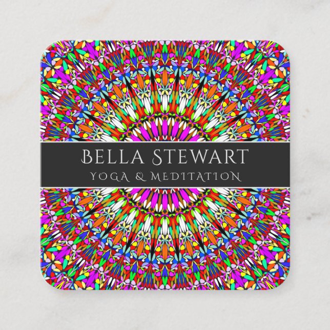 Colourful Floral Geometric Mandala Square Business Card (Front)